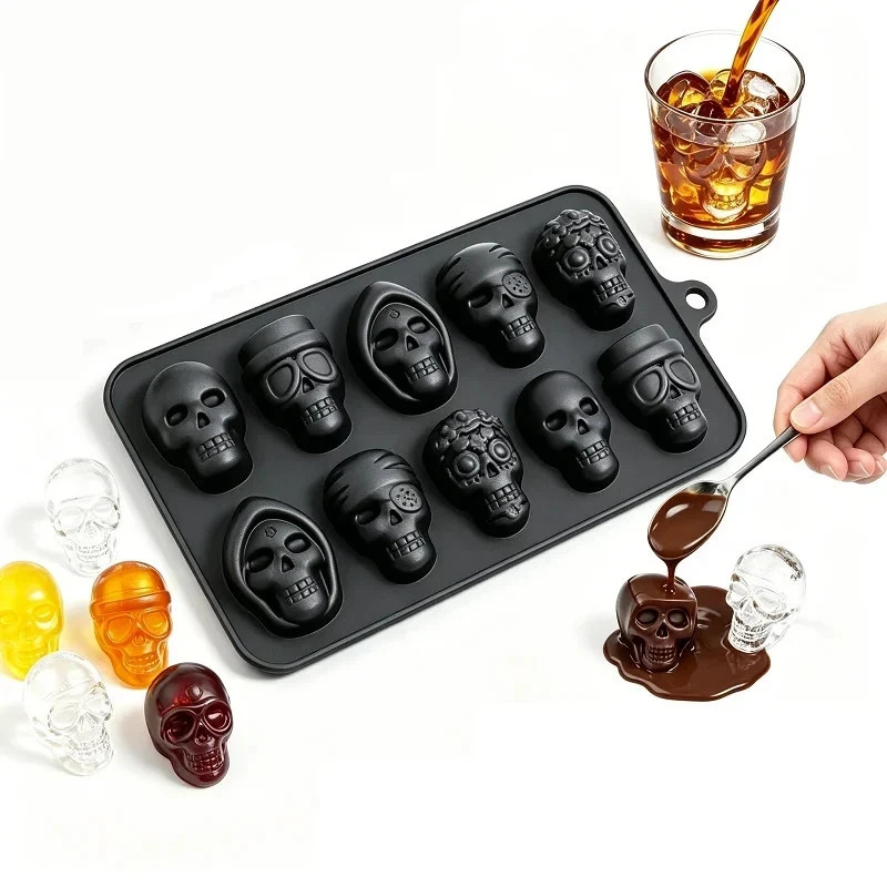 10-Grid Skull Chocolate Mold Reusable Ice Cube Tray Halloween Kitchen Tool