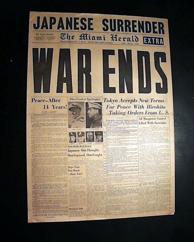 Great JAPANESE SURRENDERS End of World War II PEACE V-J Day 1945 WWII Newspaper