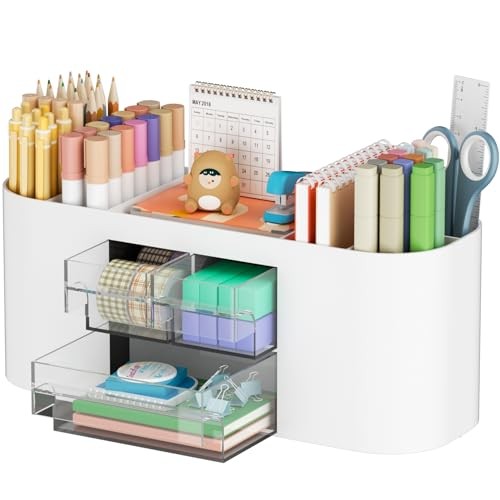 Desk Organizer Pen Holder for Desk with 3 Drawers, Multi-Functional White