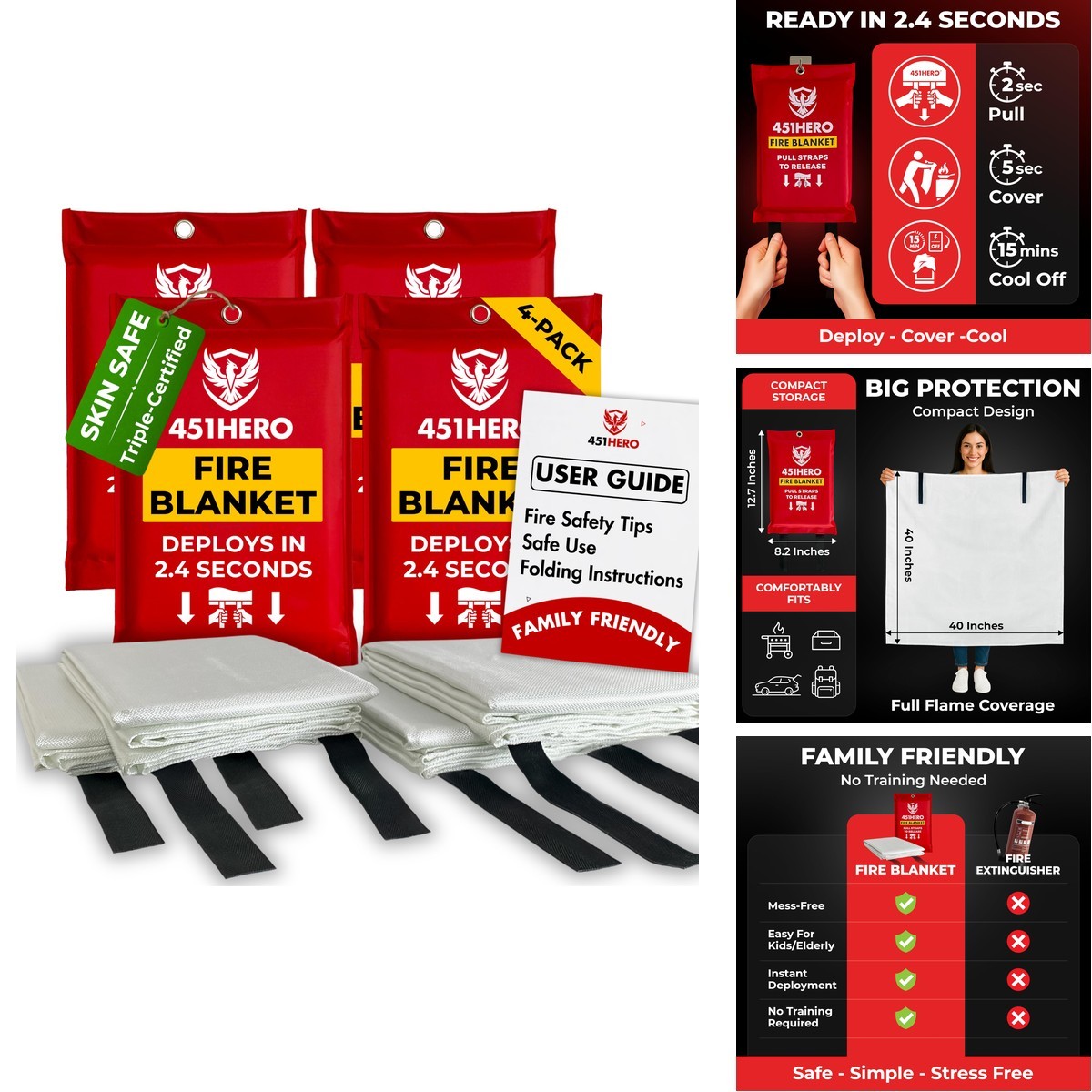 451HERO Emergency Fire Blanket 4 Pack, Fire Protection For Families FB-04