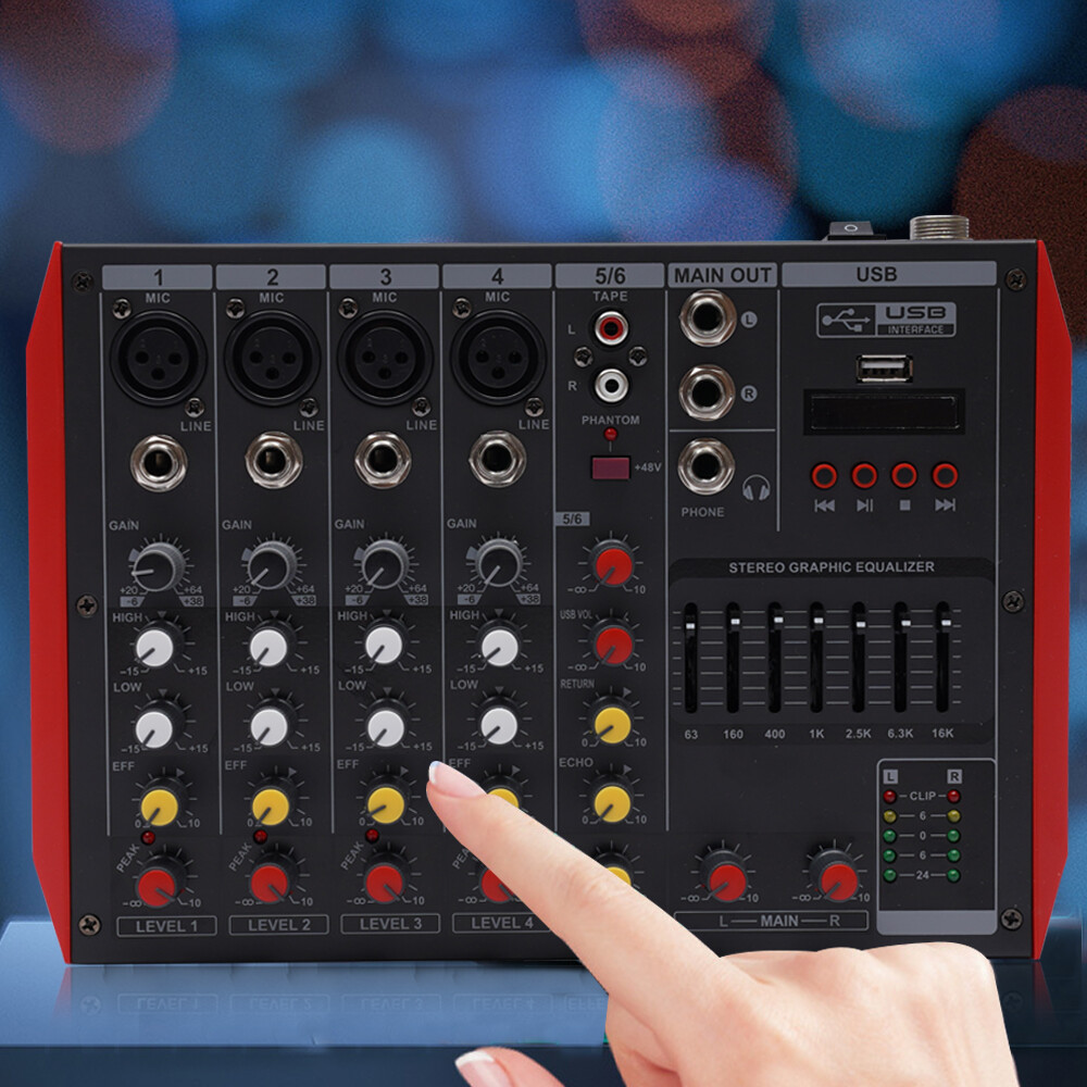 6-Channel Bluetooth Audio Mixer with Digital Effects for KTV and Home Use