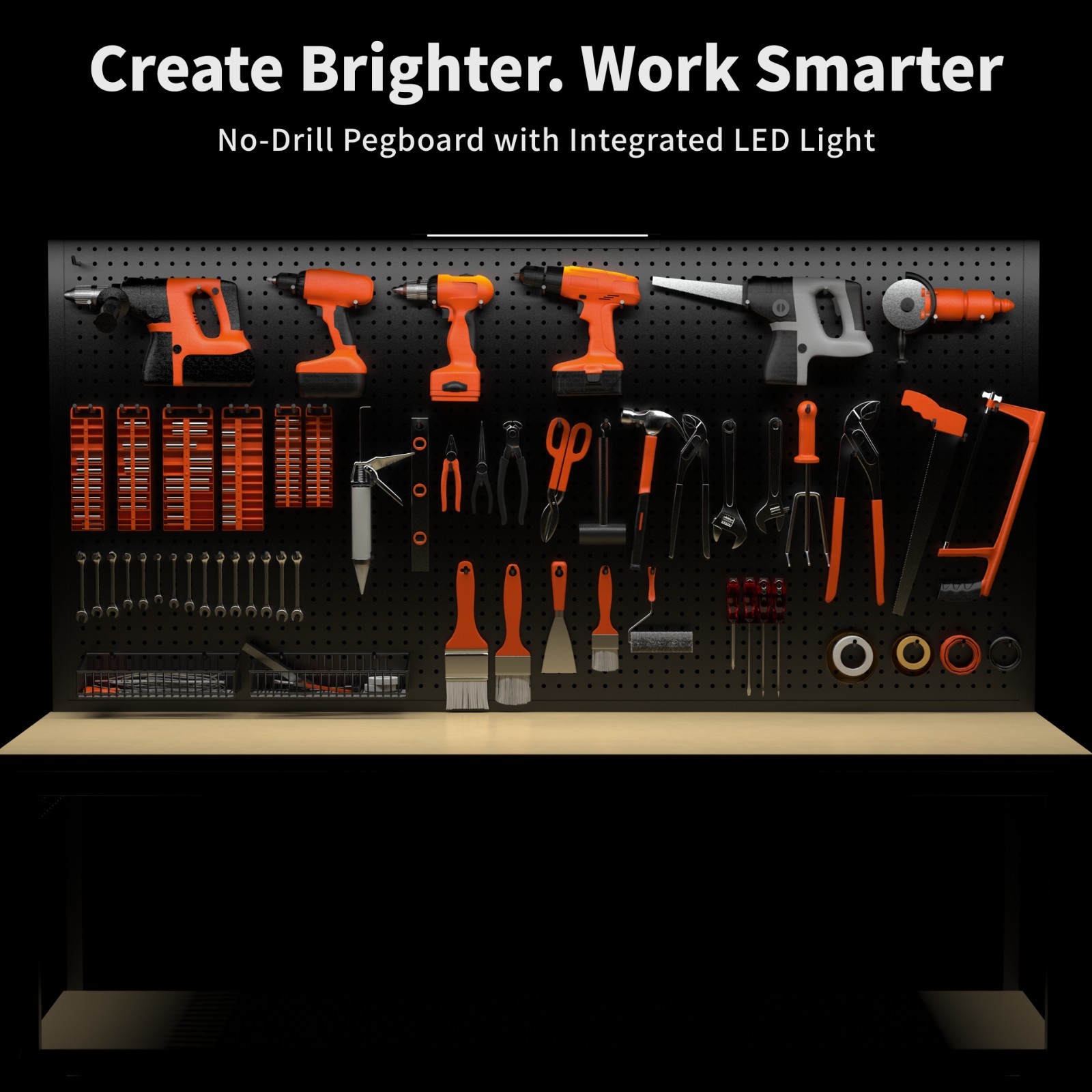 60" Garage Workbench 2000LBS w/ Pegboard LED Light Adjustable Rolling Table