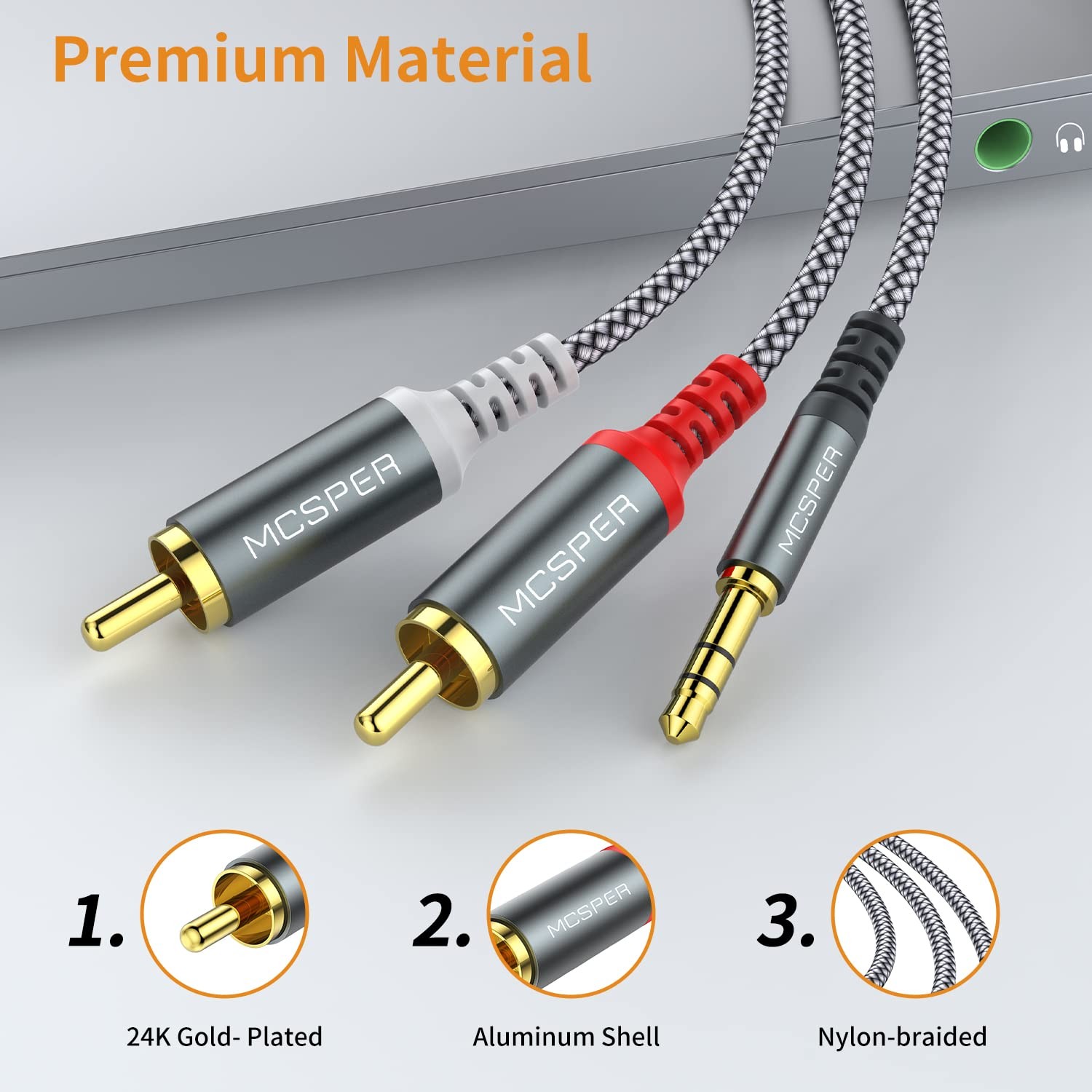 MCSPER RCA to 3.5mm AUX Cable, (6.6 Feet) 3.5 mm 1/8 1-PACK, Grey