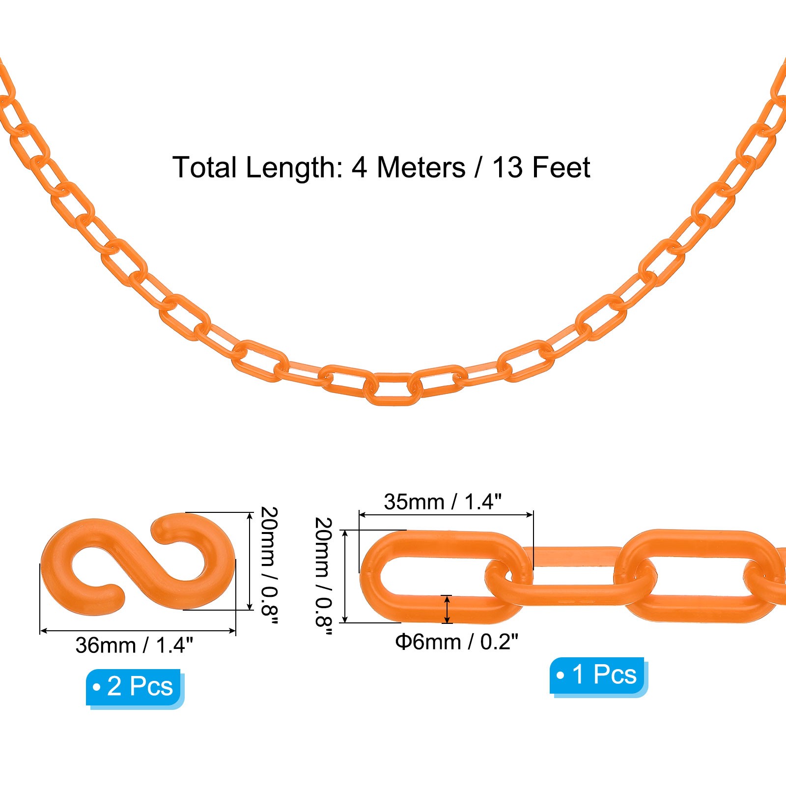13Ft Plastic Safety Barrier Chain 2 S-Hooks, Orange