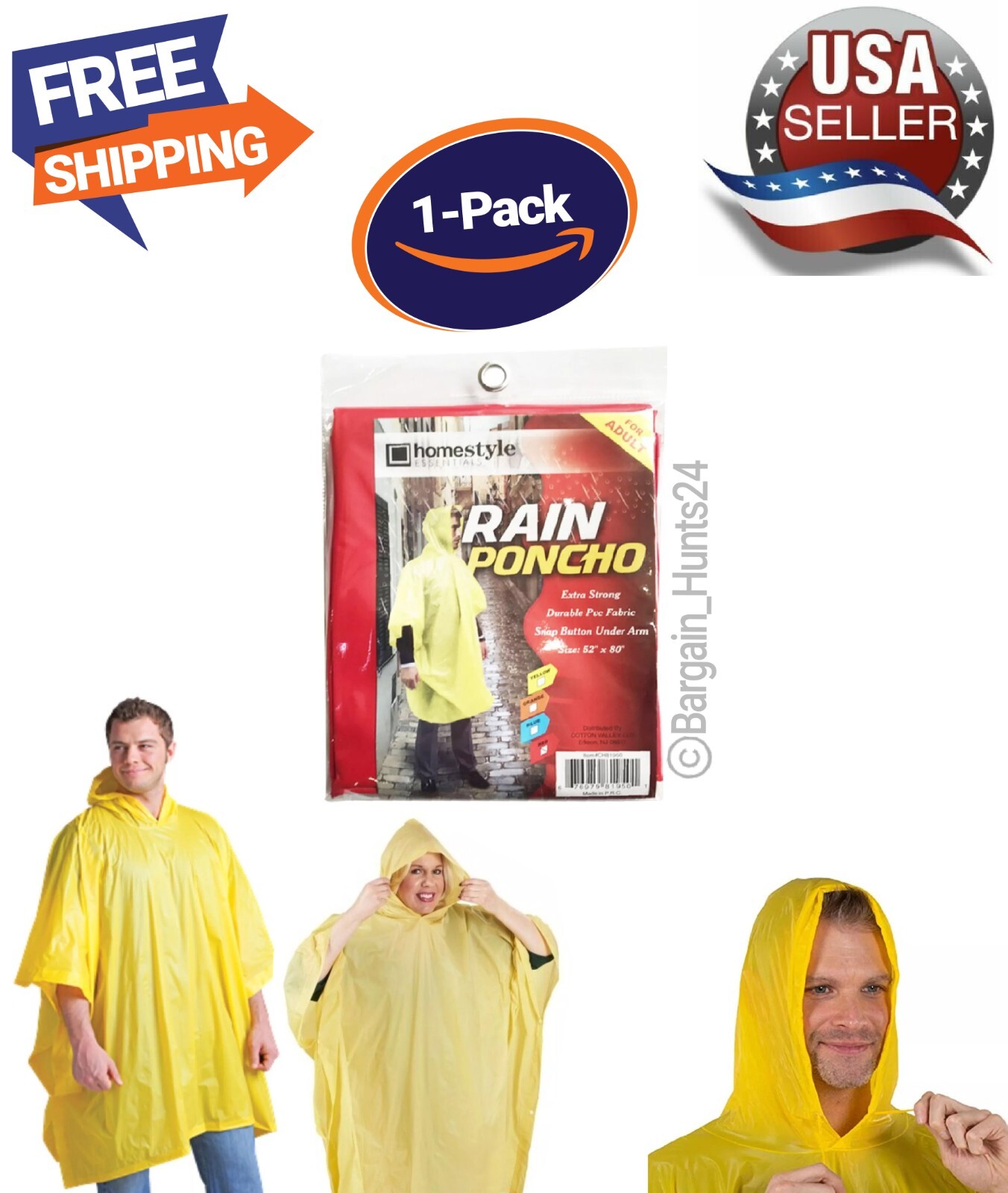 Rain Poncho for Adults PVC Waterproof Emergency Hooded Poncho (Pack of 1) - New