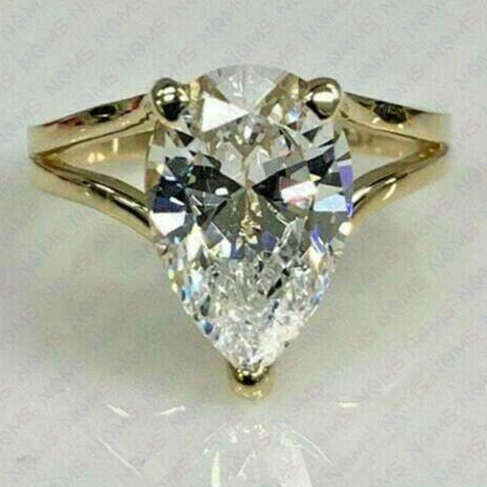 Solid Real 14K Yellow Gold 2.00ct Pear HPHT Lab Created Diamond Anniversary Ring
