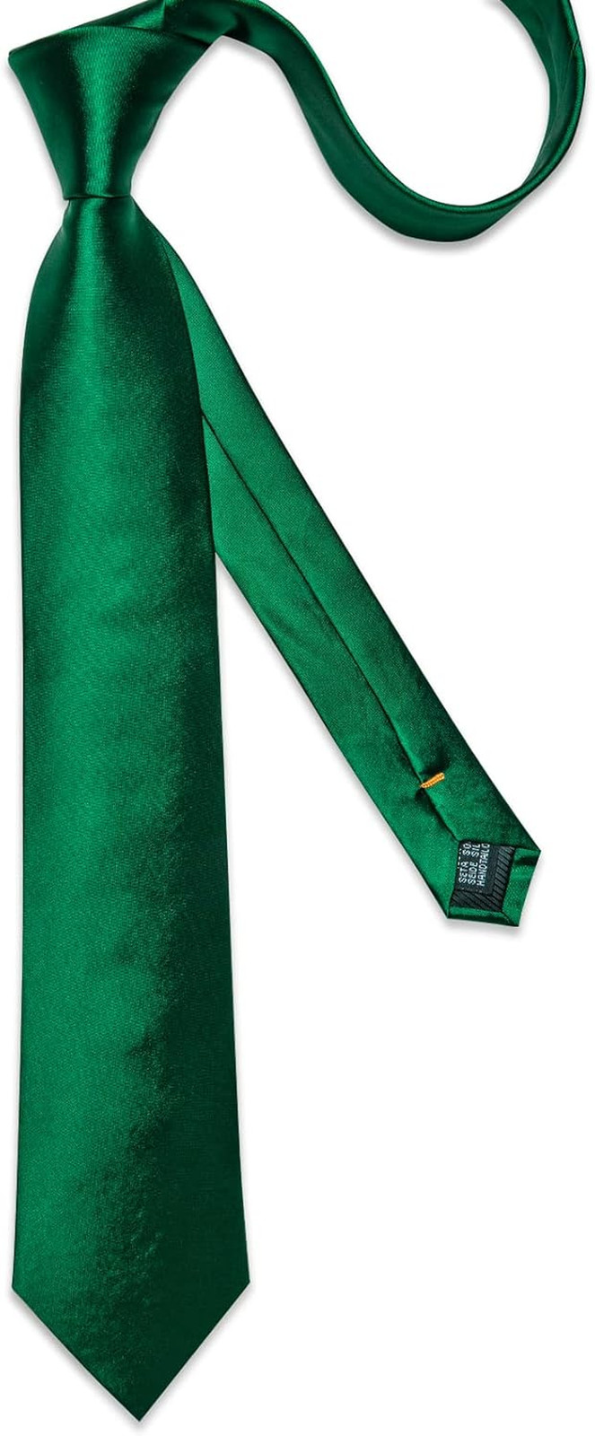 Mens Solid Color Tie and Pocket Square Set Woven Silk Plain Emerald Green