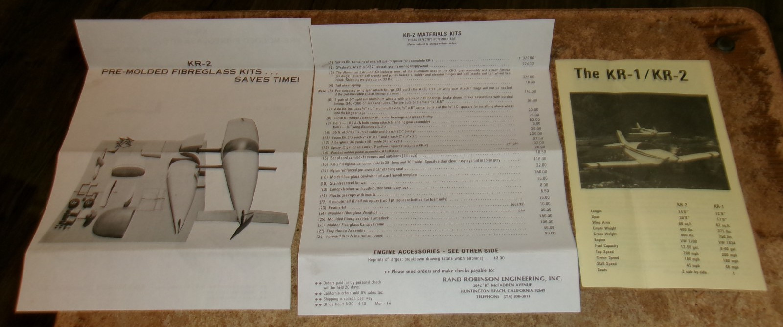 1981 rand robinson engineering KR-1/KR-2 airplane info sheets good used