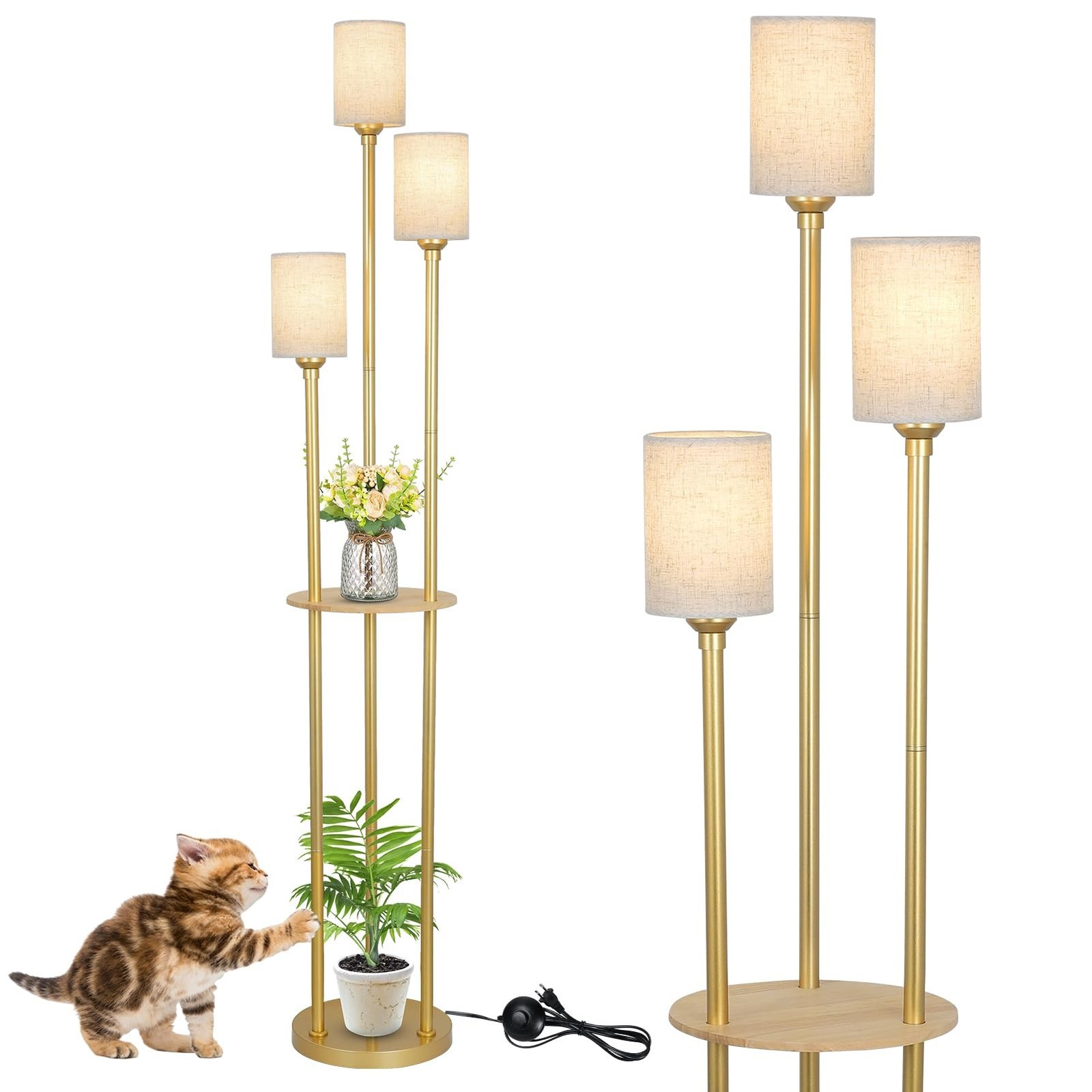 Floor Lamps for Living Room, 3-Lights Modern Floor Lamp with Shelves, Gold St...