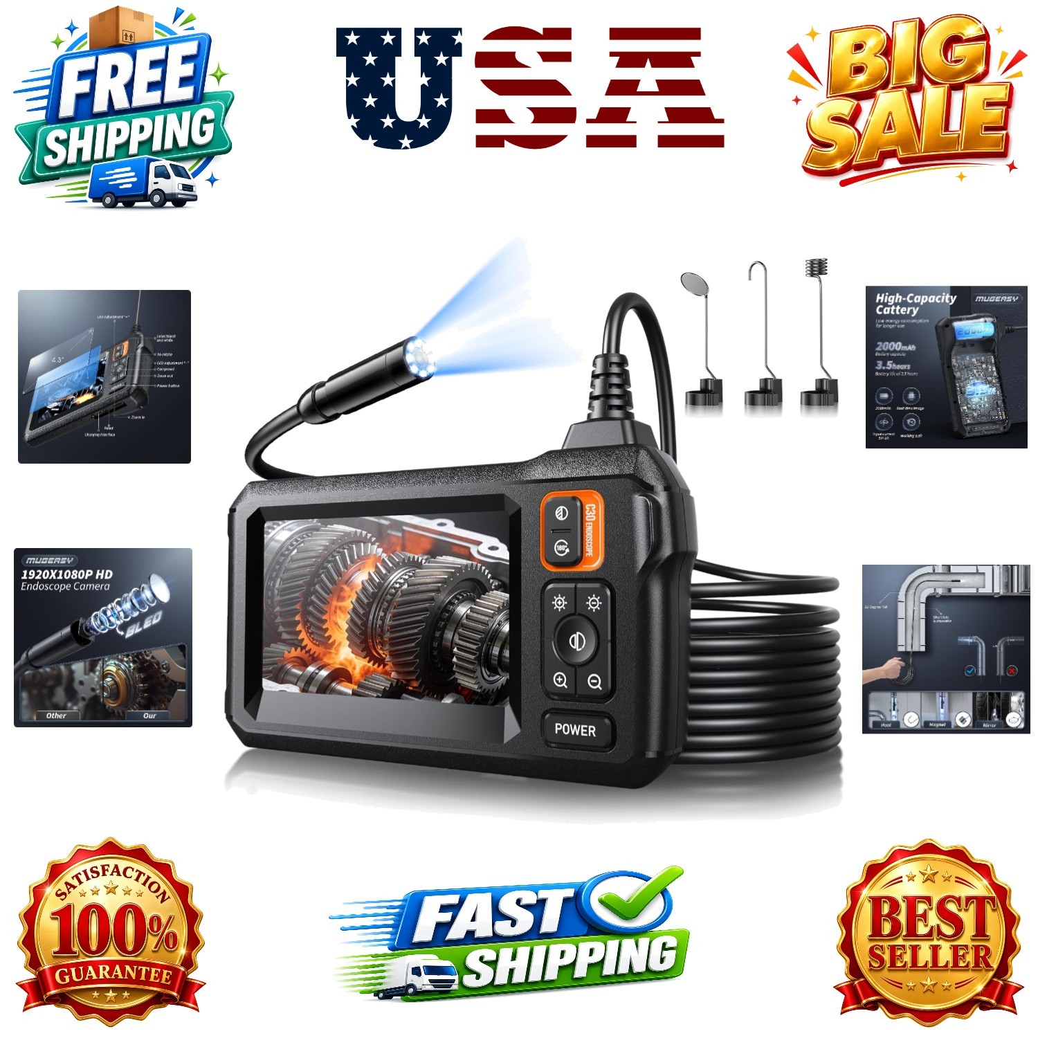 Endoscope Camera with Light, Inspection Borescope Camera with 4.3" IPS Screen...