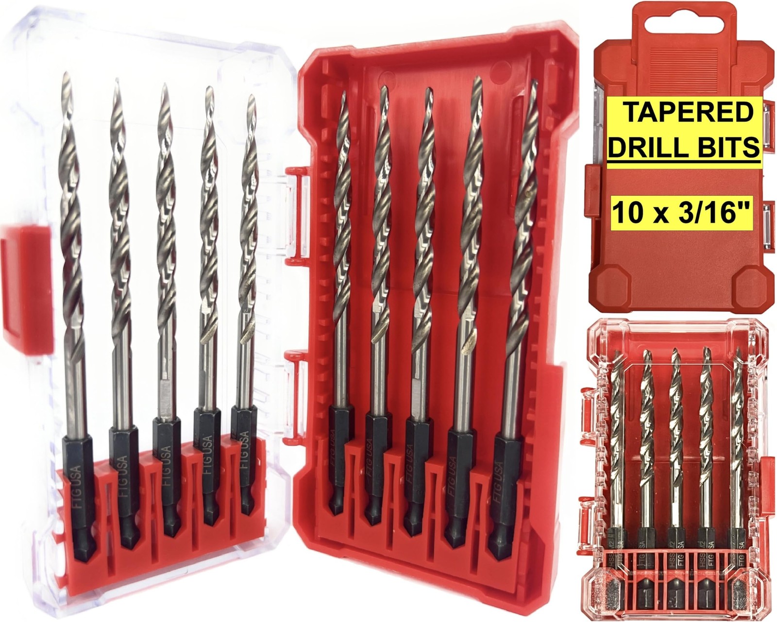 FTG USA 10 Pc 3/16" (#10) Tapered Drill Bits for Wood, Replacement for Counte...