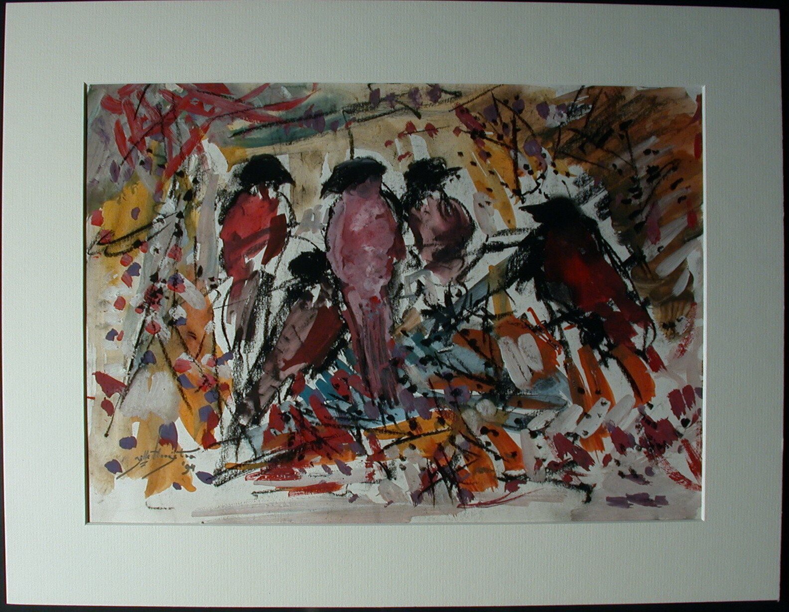 Jelle Hoogstra (Leeuwarden 1924 - 2003 Rotterdam) 5 colorful birds on a branch.