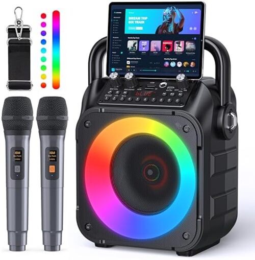 Karaoke Machine, Portable Bluetooth Speaker with 2 Wireless Microphones 2 Mics
