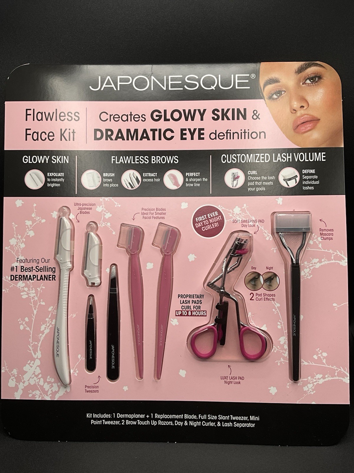 JAPONESQUE Flawless Face Eyebrow Kit Eyelash Curler Tweezer Dermaplaner Gift Set