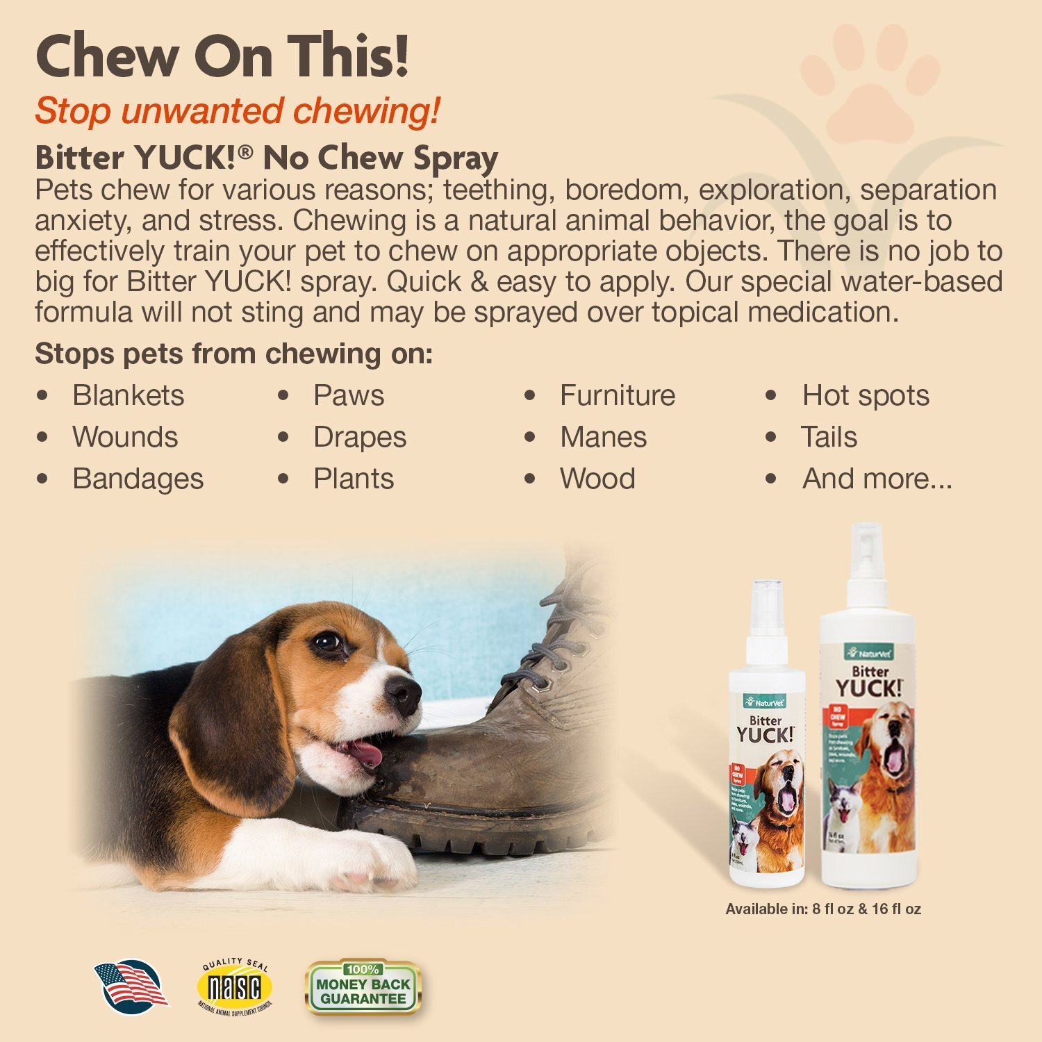 NaturVet BITTER YUCK No Chew Spray For Dog/Cat/Horse - Water Based 8 oz