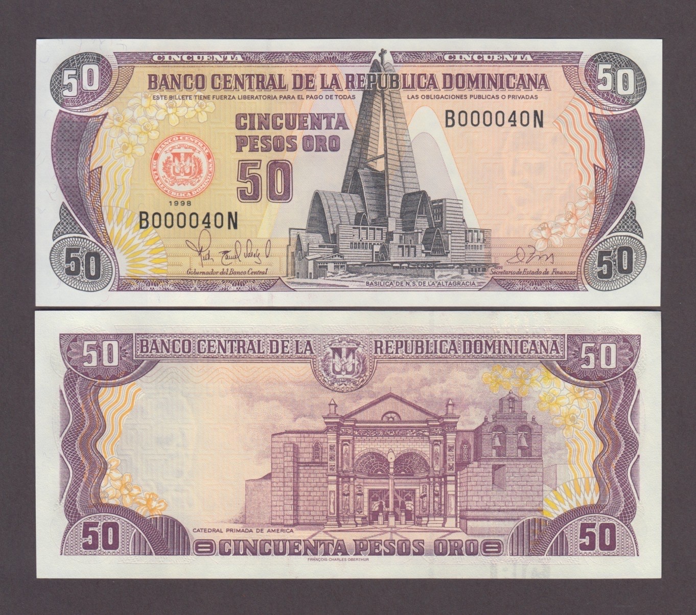 DOMINICAN REPUBLIC P.155b 50 PESOS ORO 1998 B/N LOW S/N  UNC  WE COMBINE 2605