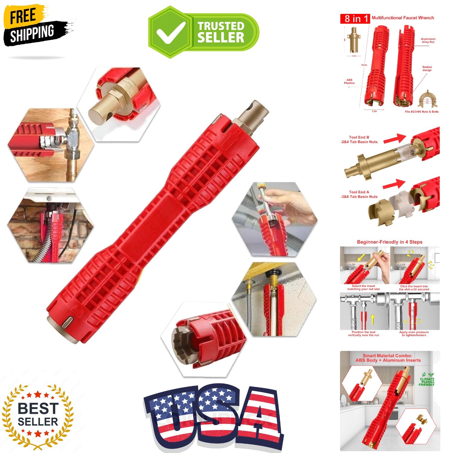 Faucet and Sink Installer（8-in-1）Multi-purpose Wrench Plumbing Tool for Toile...