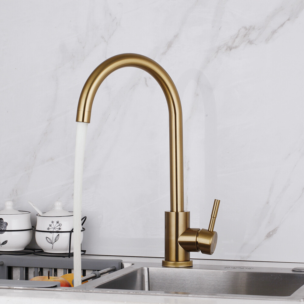 Brushed Gold Kitchen Sink Swivel Faucet Single Handle&Hole Mixer Taps Deck Mount