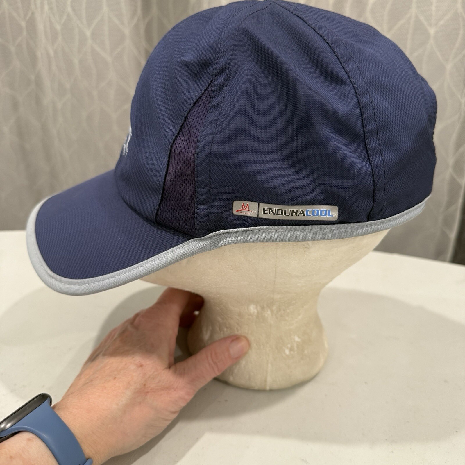 Mission M on BLue w Gray Hat Cap Light Weight Hook Loop EUC