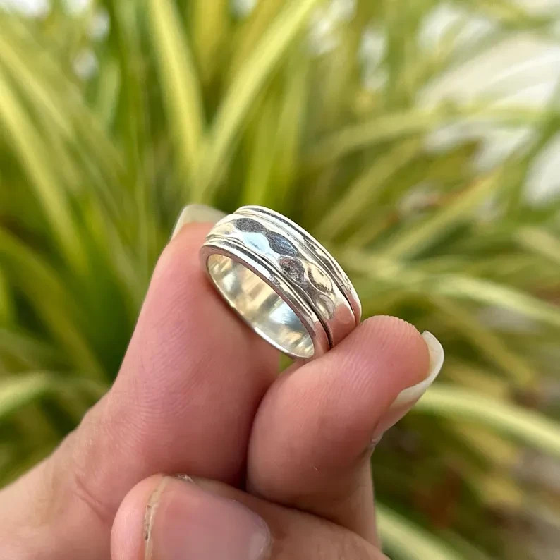 925 Sterling Silver Hammered Wide Band Ring Unisex Statement Jewelry All Size