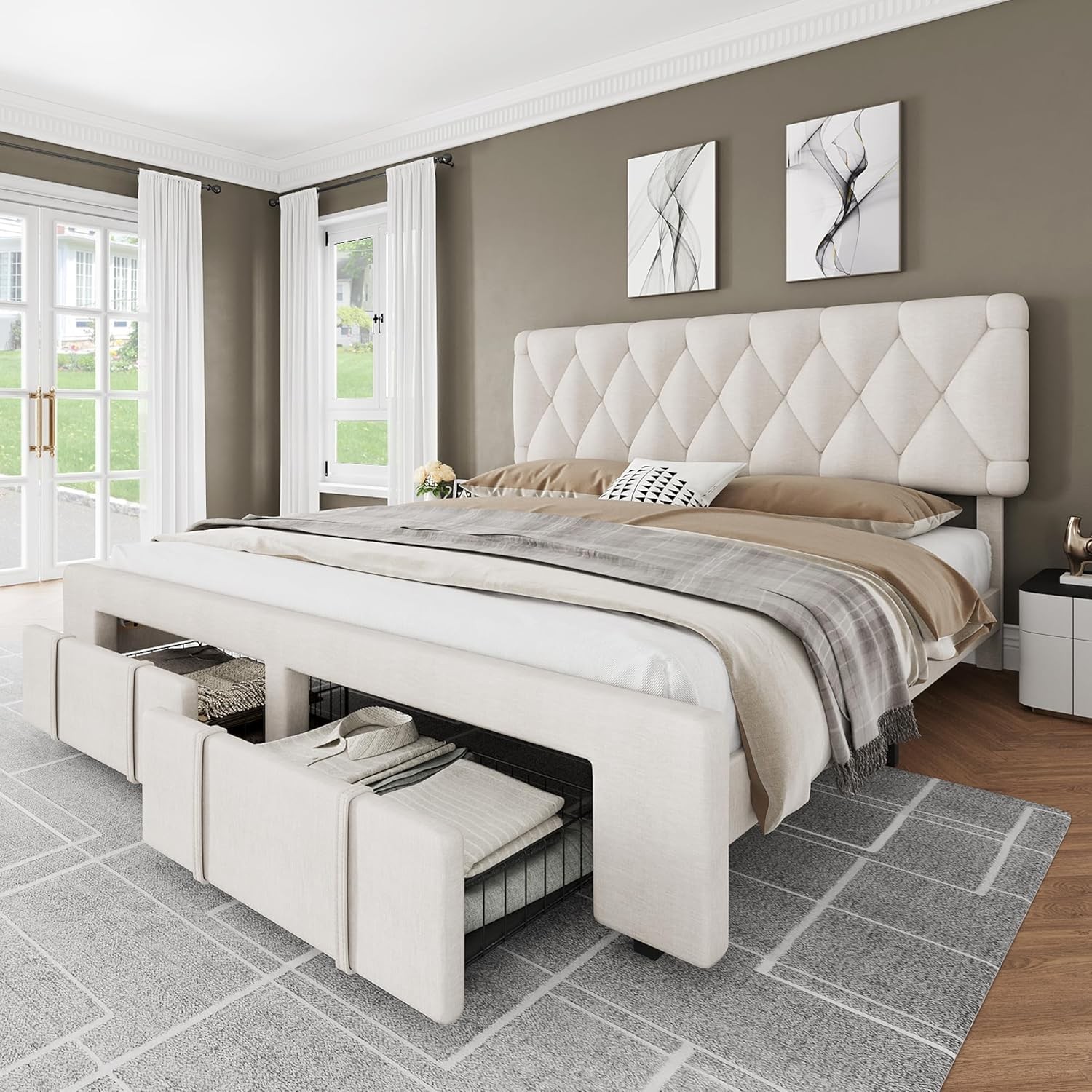 Ⓜ️Queen Size Modern Upholstered Platform Bed Frame with Storage Drawers Headboar