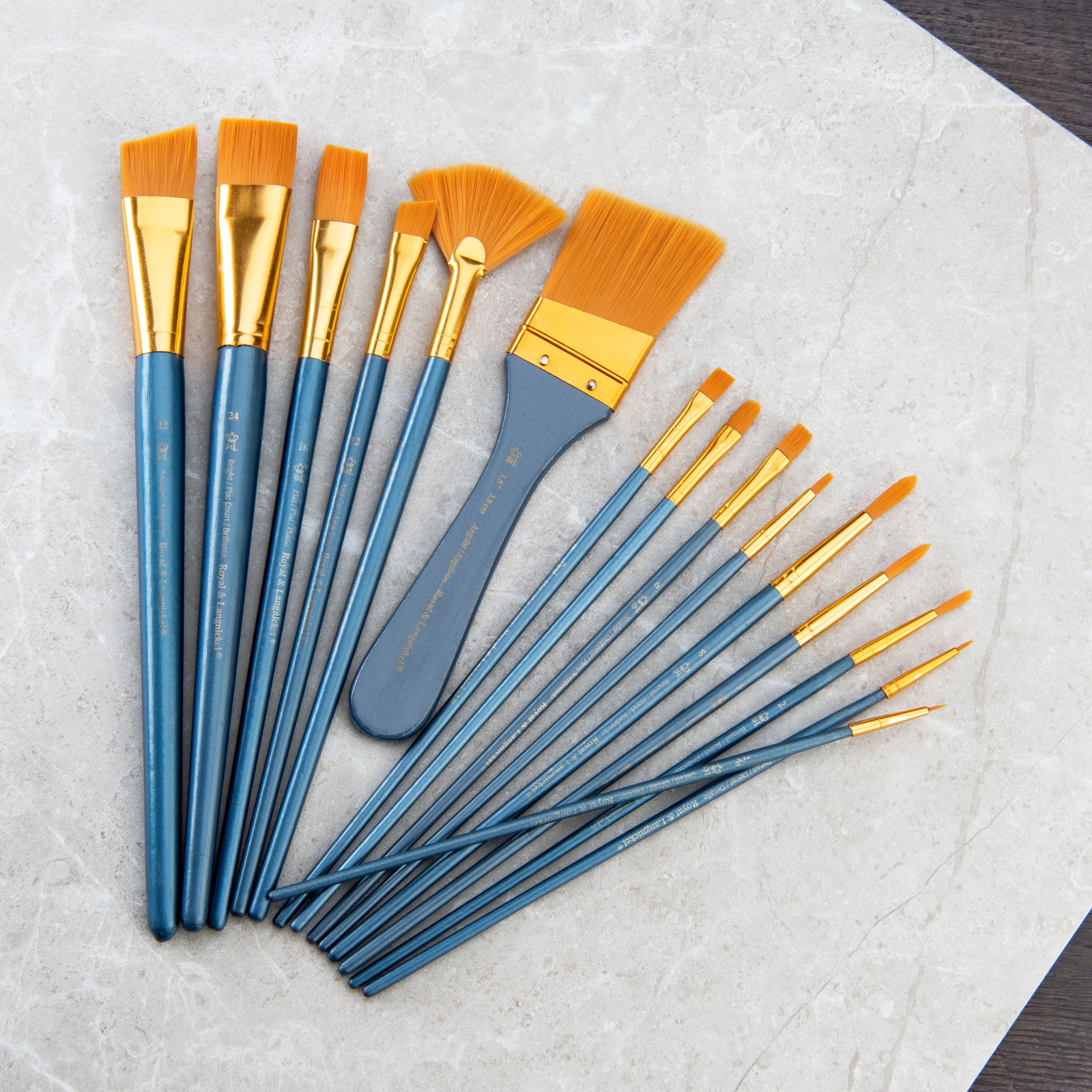 Nickel - Gold Long Assorted Large Brush Acrylic Paintbrush Set - Set of 15