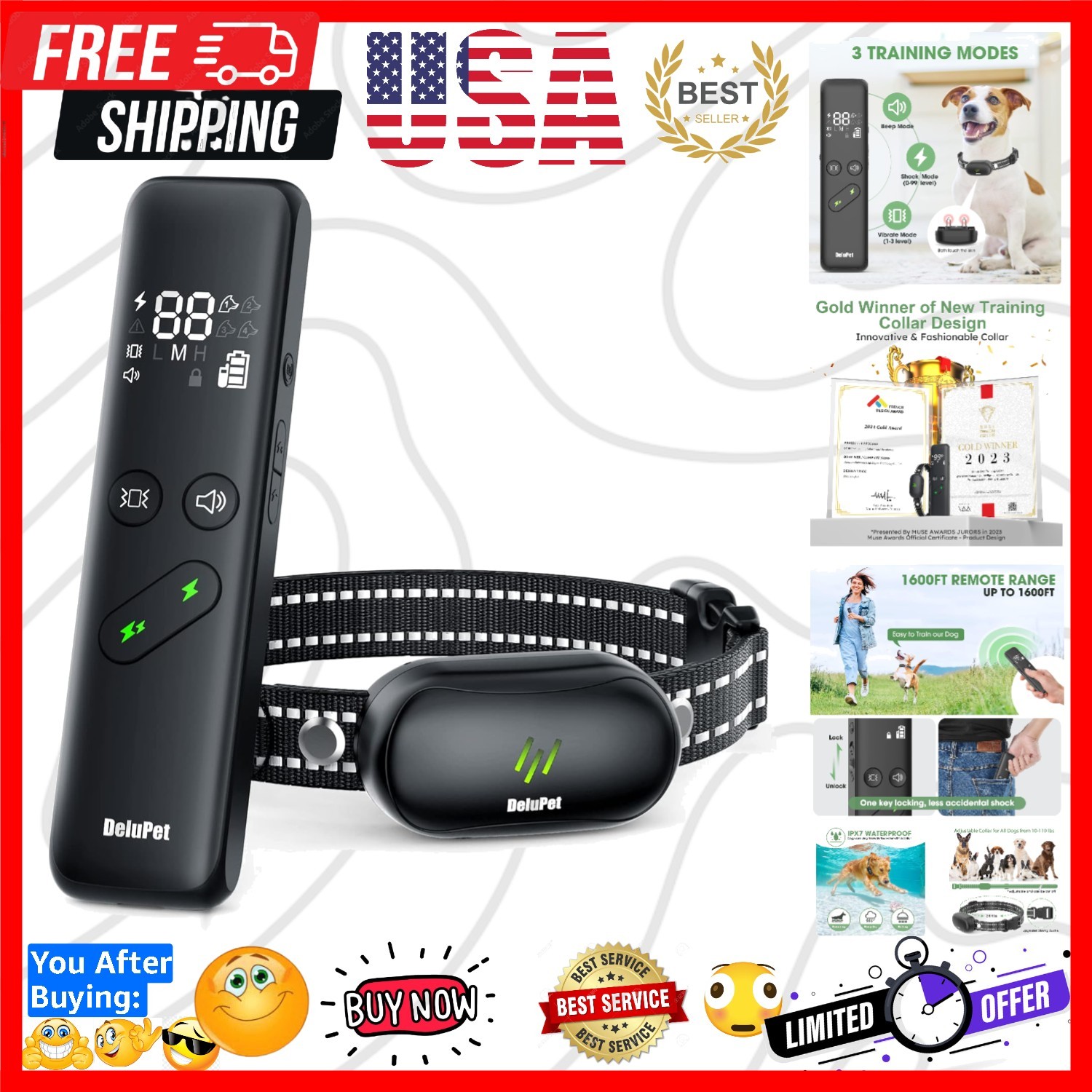 Dog Shock Collar, Electric Dog Training Collar with Remote & 4-Channels | Rec...