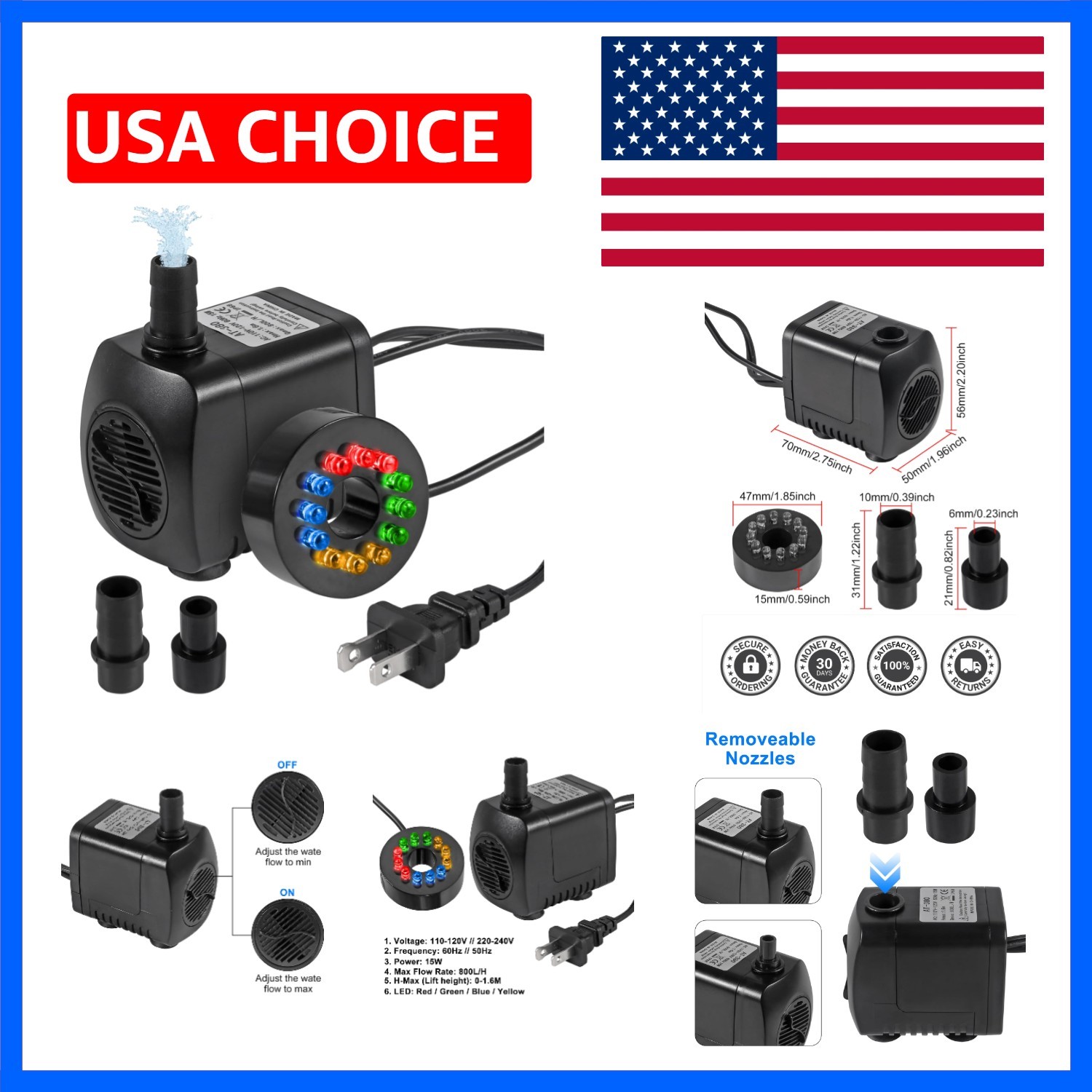 Submersible Water Fountain Pump 15W with LED Lights Aquarium Fish Tank Water ...