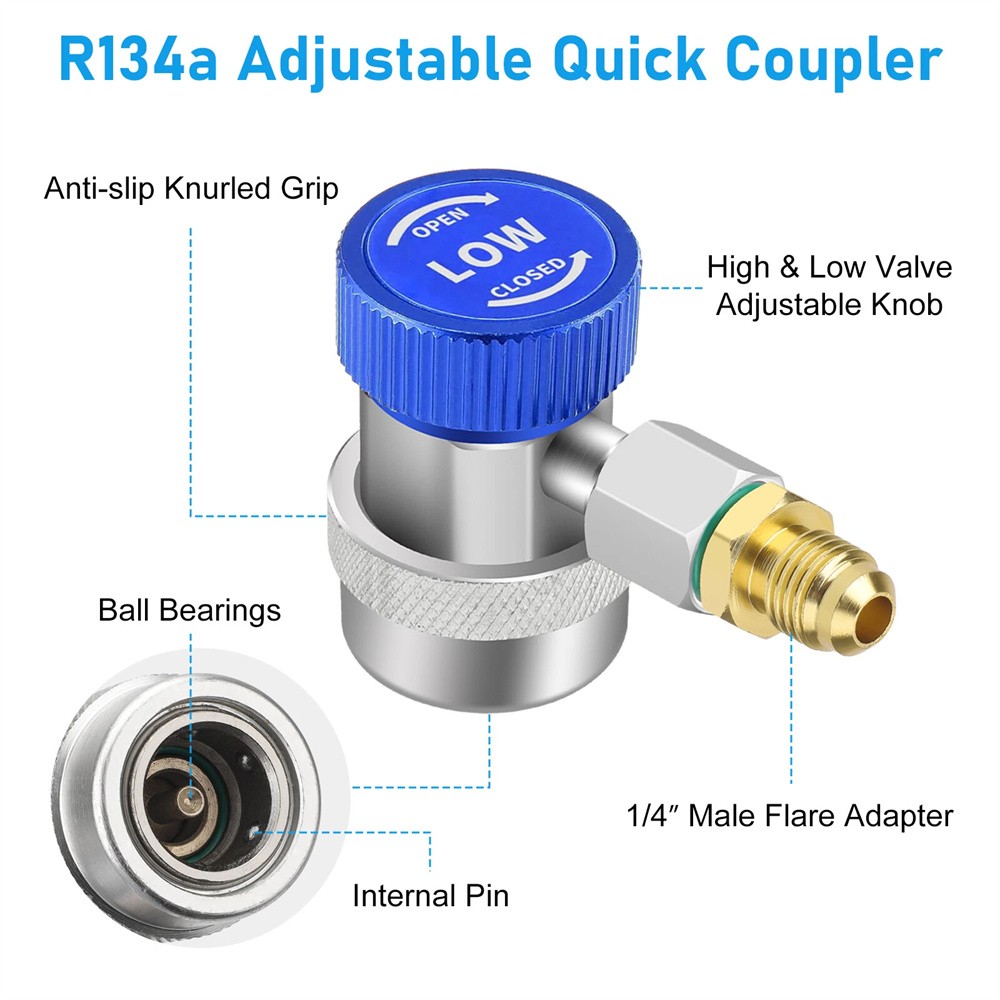 2x R134A Quick Coupler Adapter Adjustable Car HP & LP Fitting with 1/4" Flare