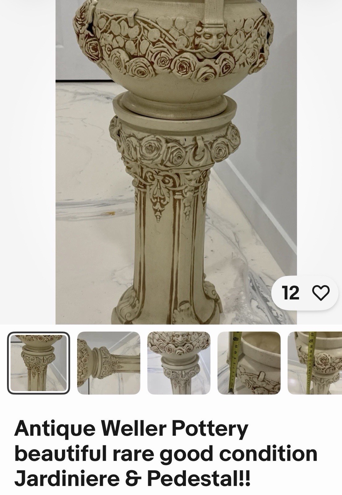 Weller Pottery Roma Planter Urn and Pedestal Ivory Floral Garland 36-37.5 in
