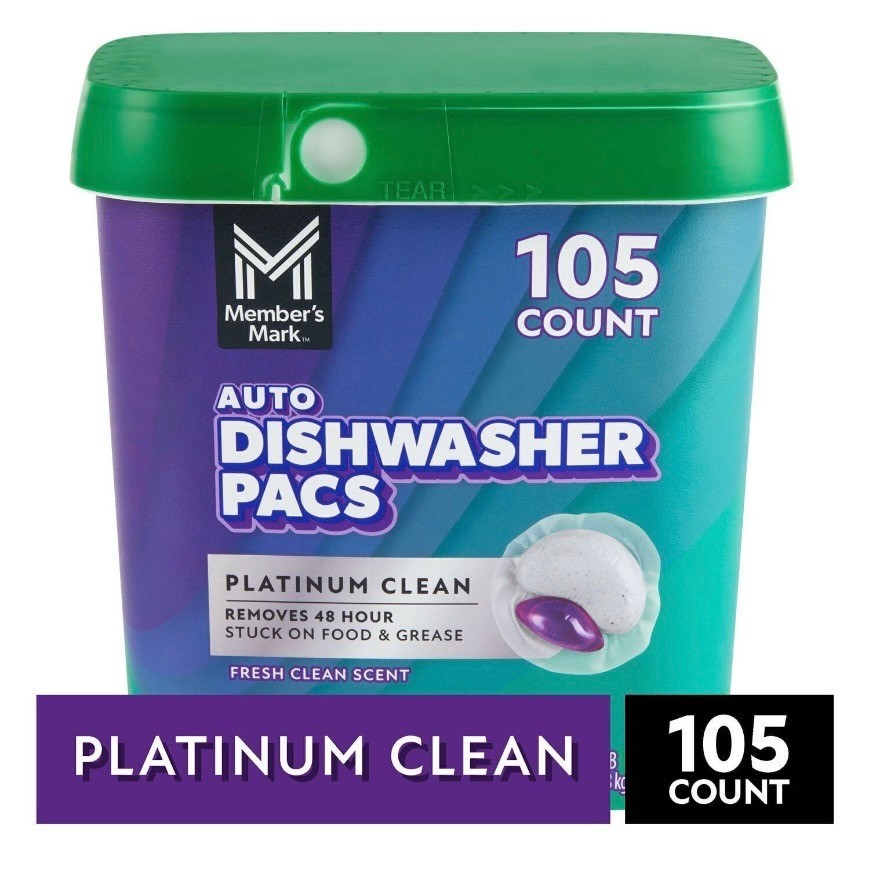 Member's Mark Dishwasher Pacs, 105 ct – Platinum Clean, Automatic.