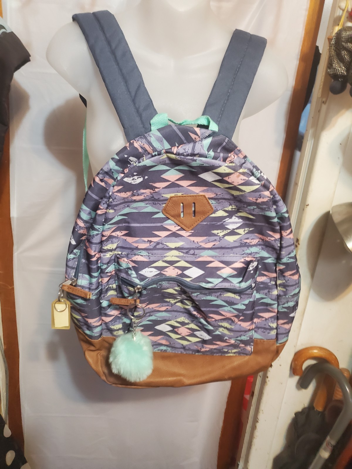 Multicolor Pattern Hiking Backpack Faux Leather Trim Pom Pom Accent Padded Back