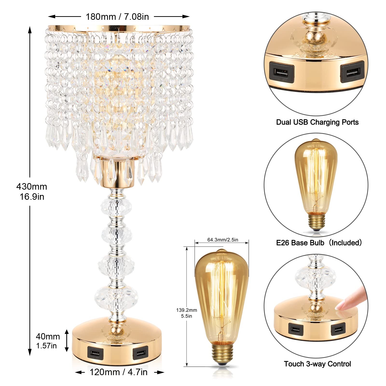 Acaxin Crystal Table Bedside Lamp Touch Control, 3-Way Medium-g, C:Gold
