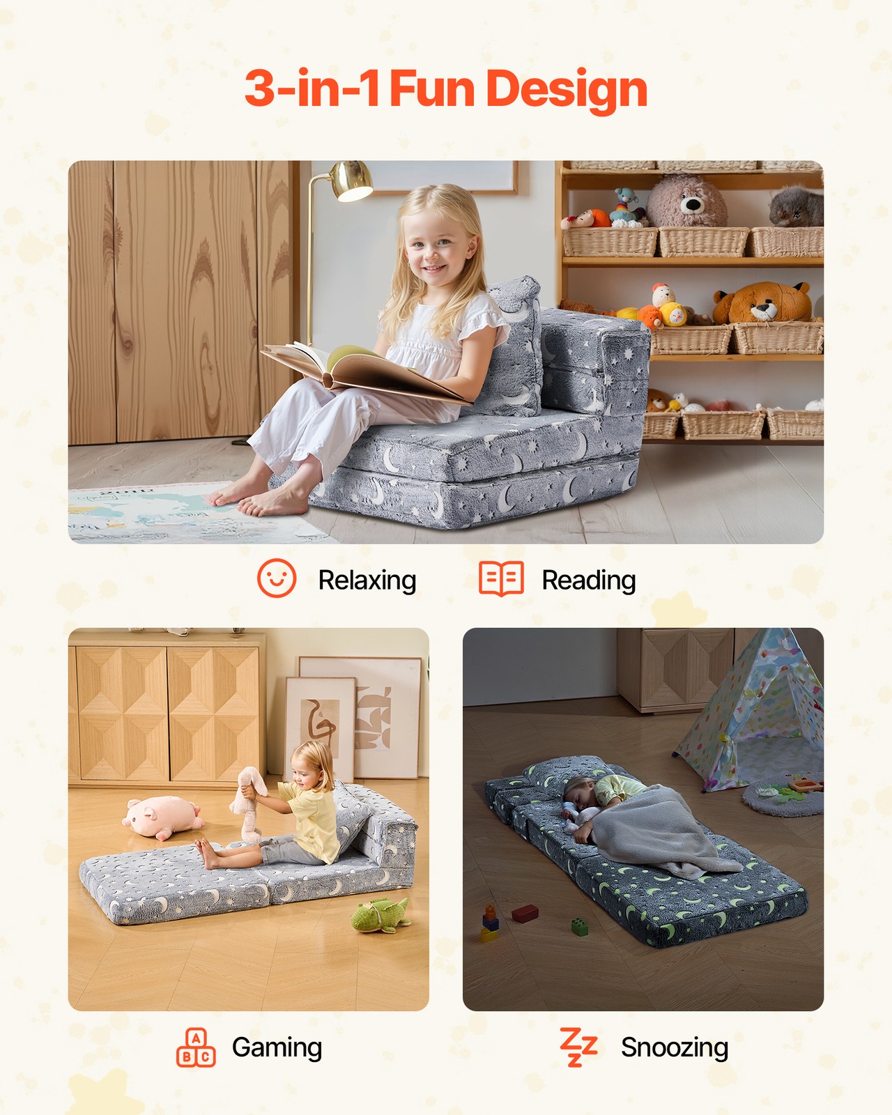 VEVOR 3-in-1 Kids Sofa Foldable Toddler Couch Glow in the Dark Fabric M Gray