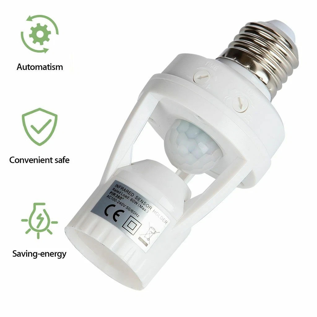 2x Motion Sensor Light Socket,E26/E27 Smart Lamp Bulb Holder Adapter Auto On/Off