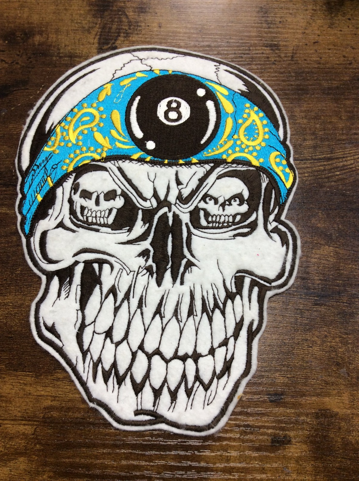 SKULL W/8 BALL JACKET IRON-ON BACK PATCH 10 X 8"