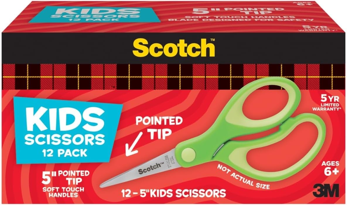5" Soft Touch Pointed Tip Kids Scissors, 12 Count Teacher’s Pack, Green,