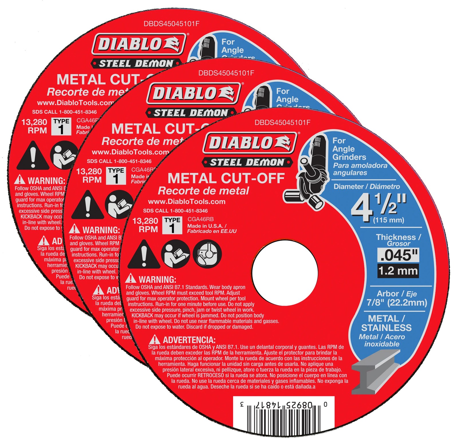 Diablo 3 Pack of 4-1/2 in. Type 1 Metal Cut-Off Disc DBDS45045101F-3PK