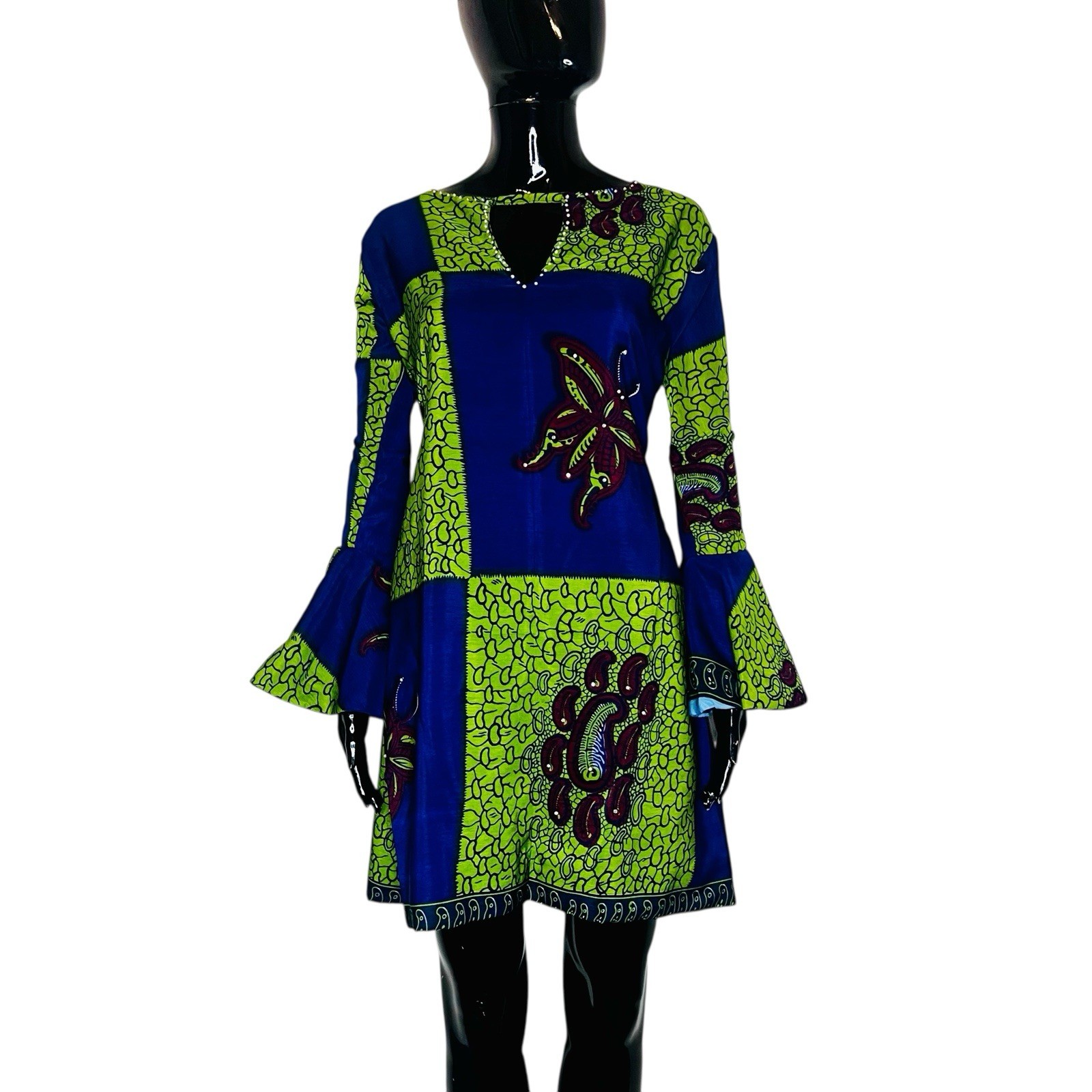 Blue & Green Ankara/African Print Women Cocktail Flare Out Short Dress/ Blouse￼