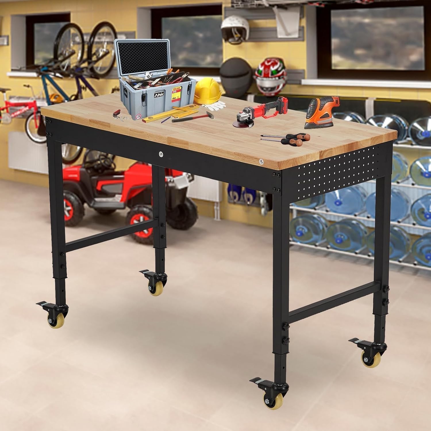 Adjustable Height Workbench 60"L x 22"W Work Bench Table w/ Power Outlets&Wheels