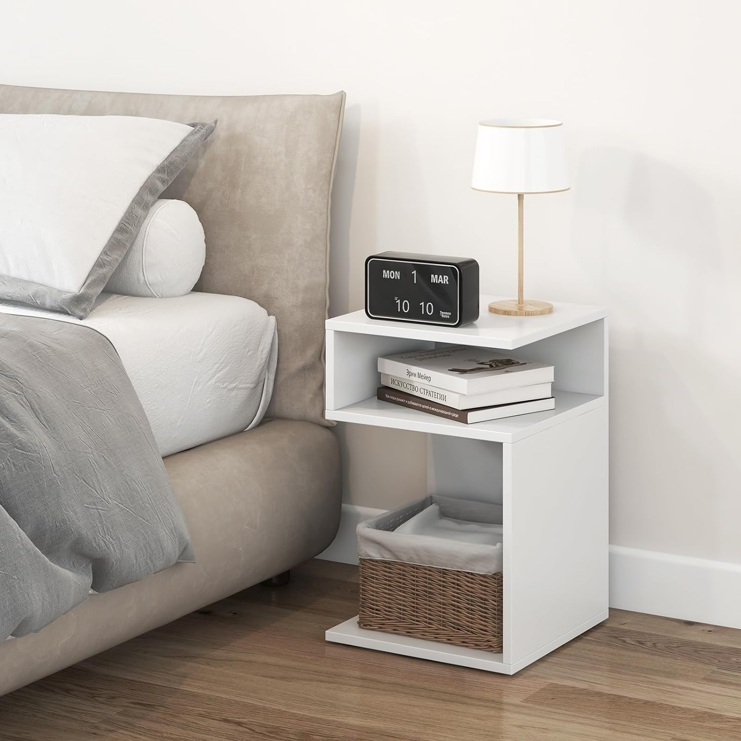 HOMGX S-Shaped End Table, 3-Tier Side Table w/ 2 Open Storage Compartments & ...