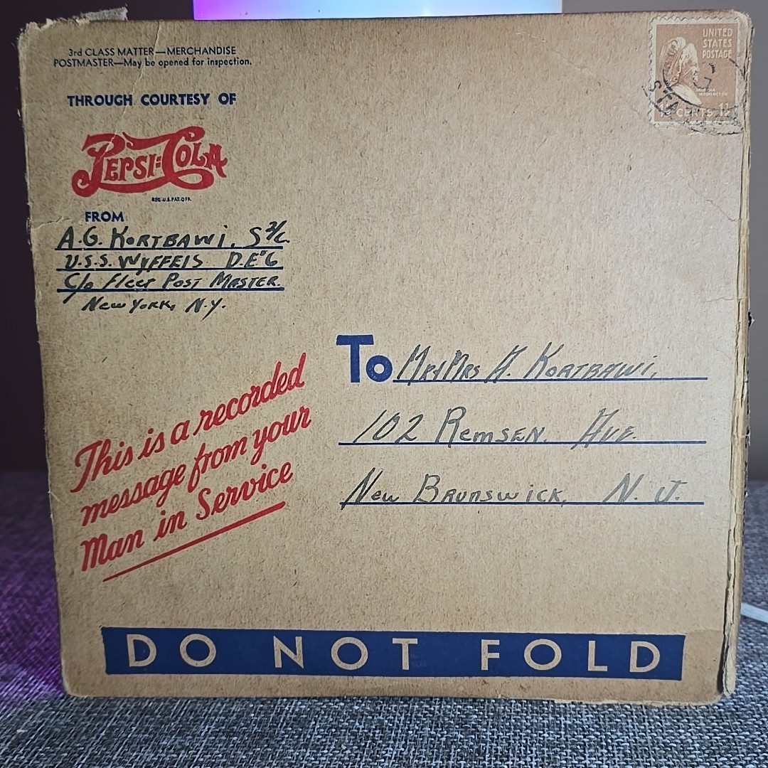 WWII Voice Letter Lot–USS Wyffels Pepsi Record+USO+1943 Voice-O-Graph–Historic
