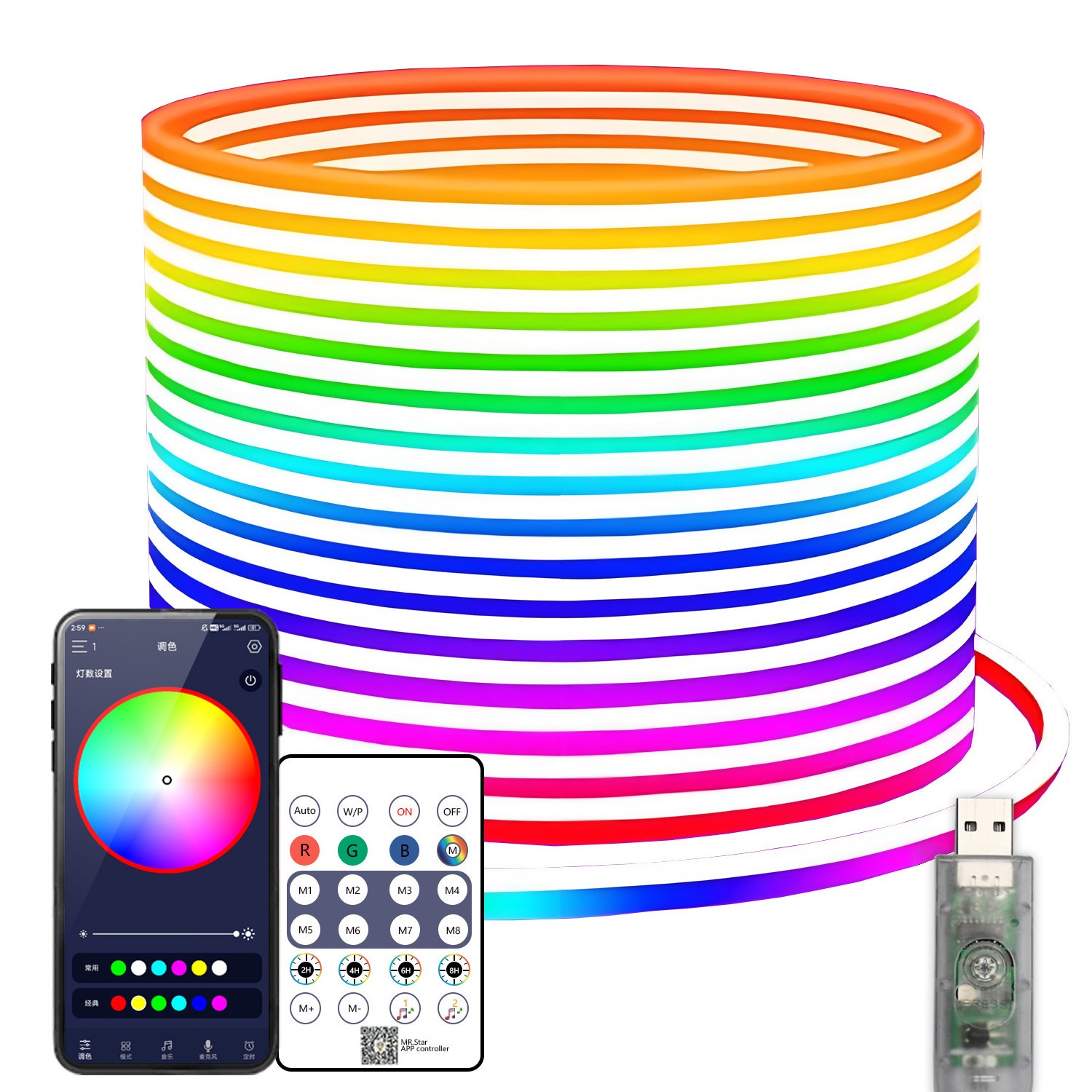 5V USB RGB Neon Strip Light, IP67 Waterproof LED Neon Light with APP/Remote