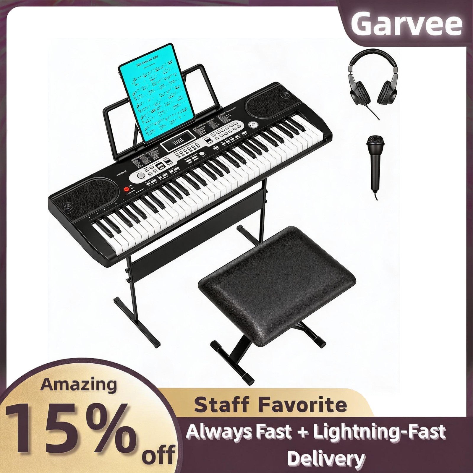 61-Key Kids Electronic Keyboard Portable Piano HIPS Plastic LCD Lesson Modes