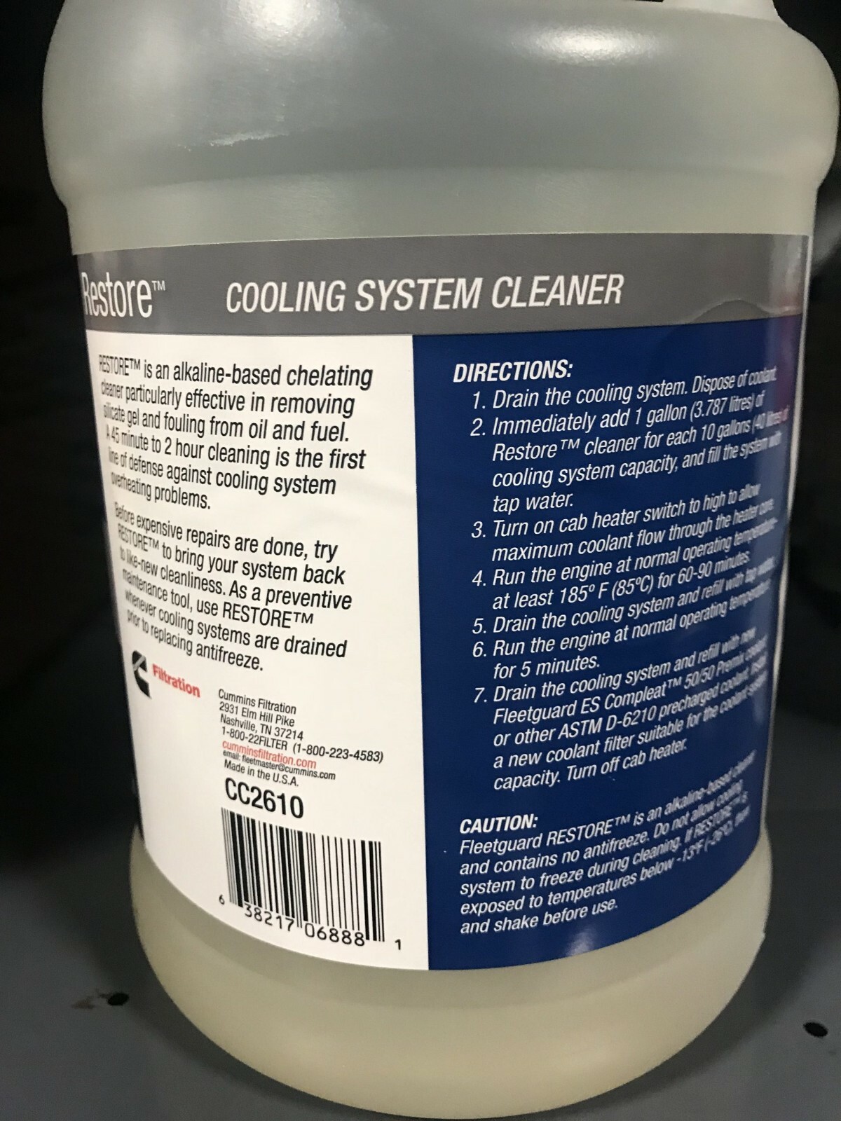 FLEETGUARD RESTORE COOLANT ADDITIVE SYSTEM CLEANER CC2610 (1 GALLON)