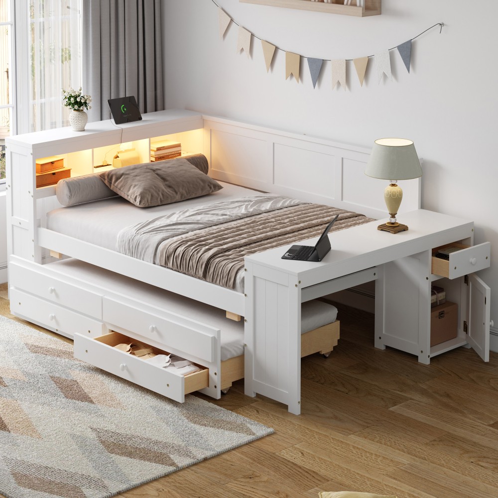 Full Size Daybed with Storage Shelves,Drawers,Trundle,Charging Station
