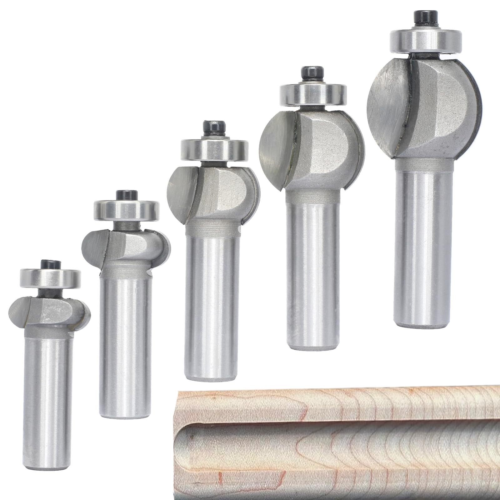 Akylin 5Pcs Edging Fluting Router Bits Set 1/2" Shank Concave Sunk Bead Rad