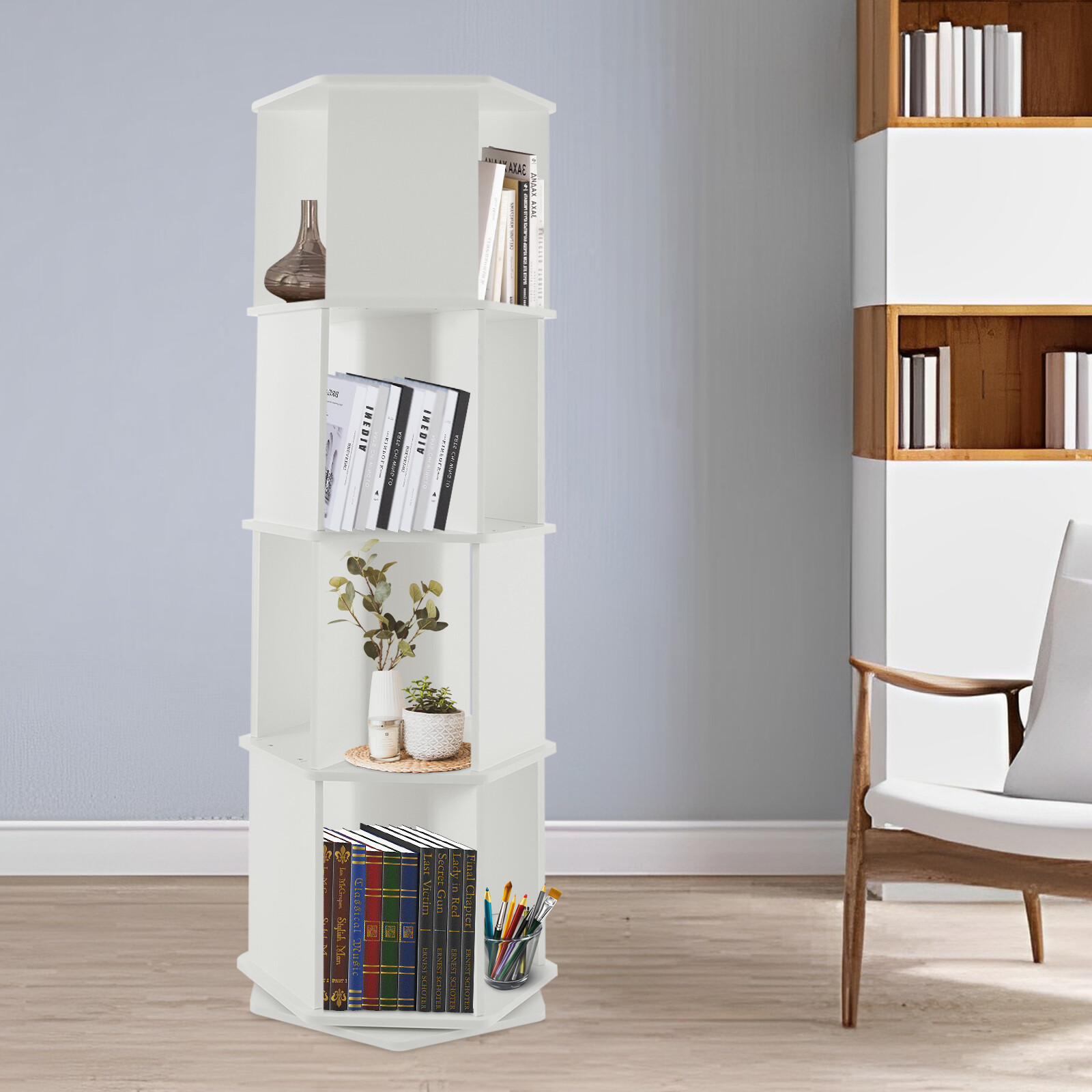 4-Tier Rotating Bookshelf 360�� Display Floor Standing Revolving Bookshelf