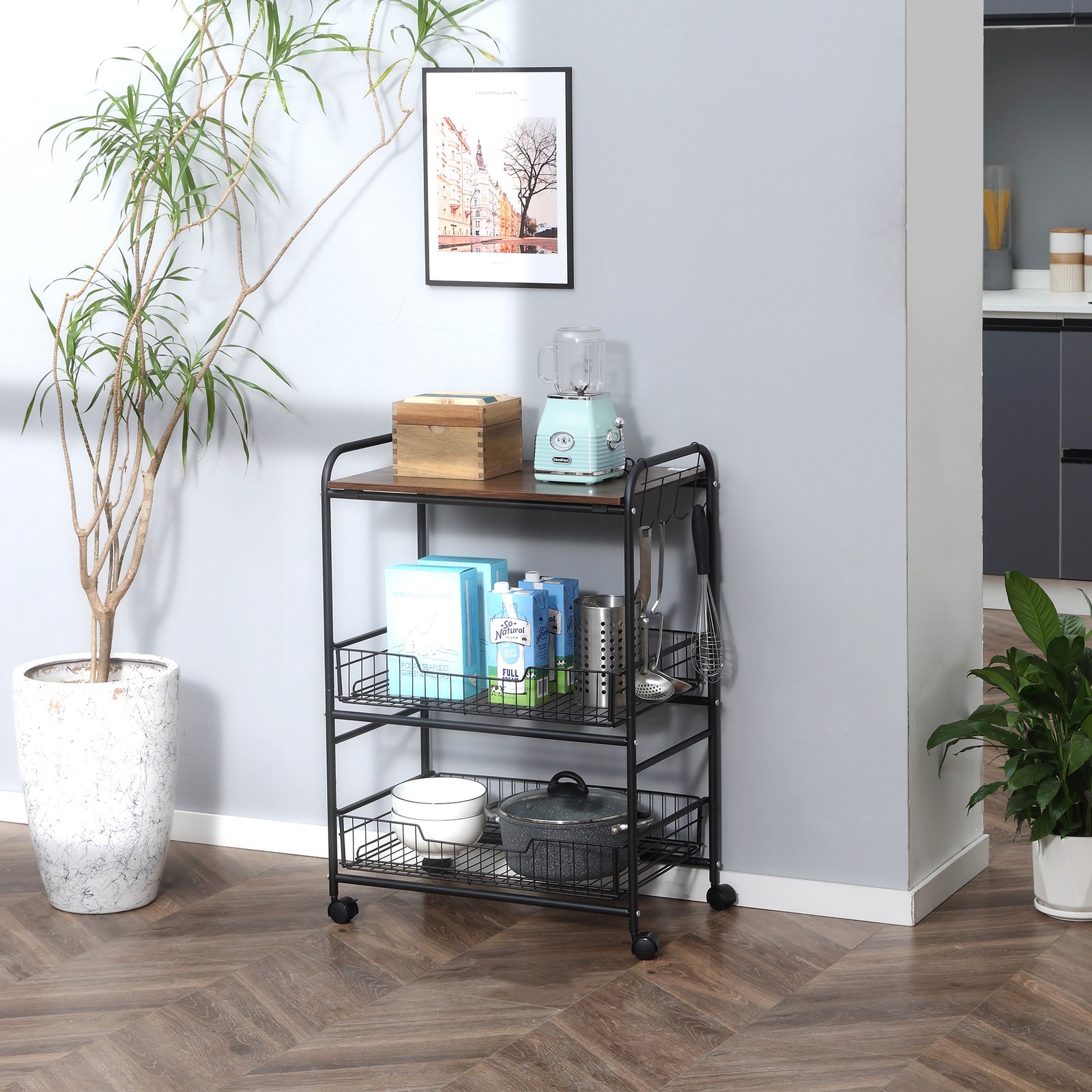 HOMCOM 3 Tier Rolling Kitchen Cart with Storage, Kitchen Island Cart on Wheels