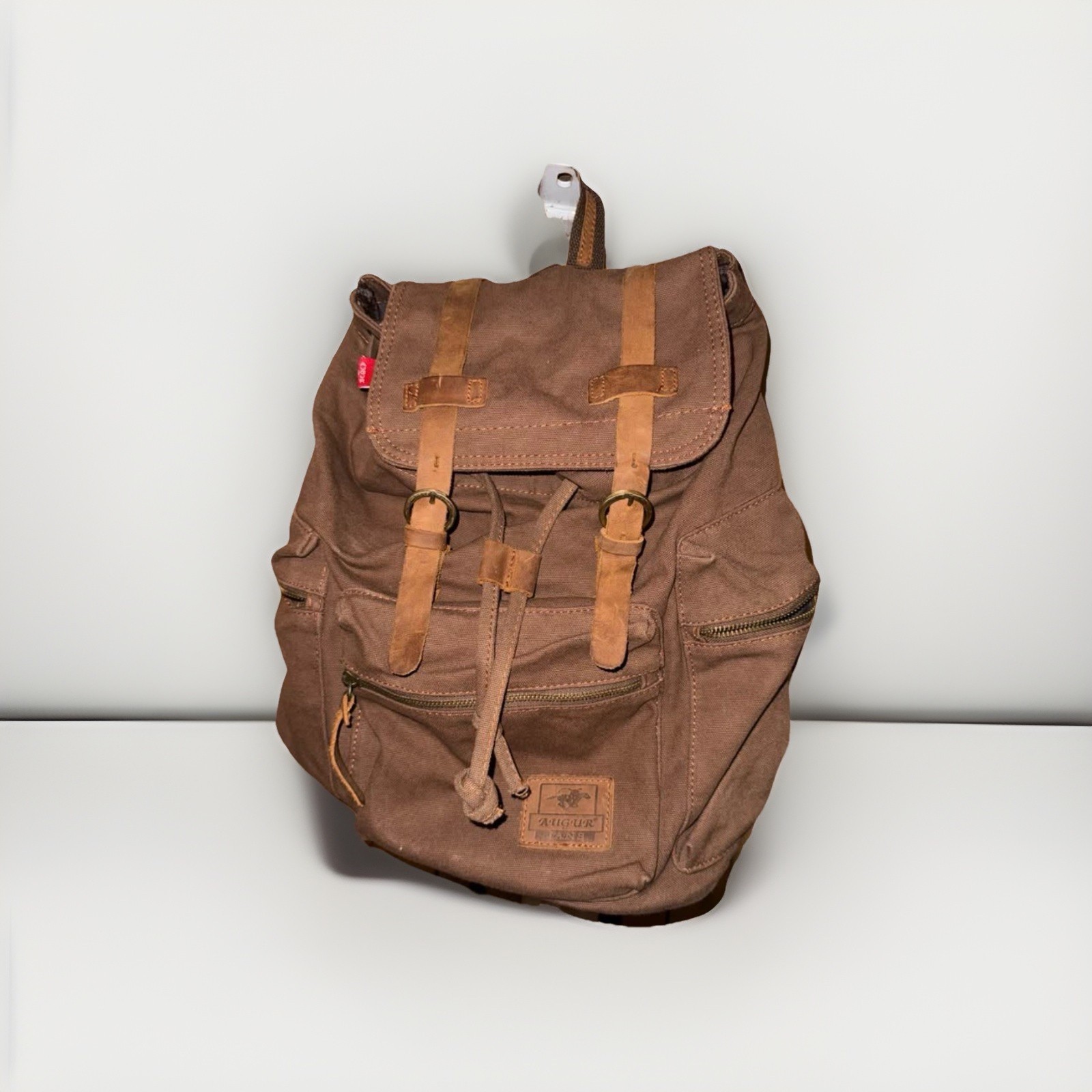 AUGUR Strauss & Co. Brown Canvas Hiking Backpack Leather Trim 5 Pockets